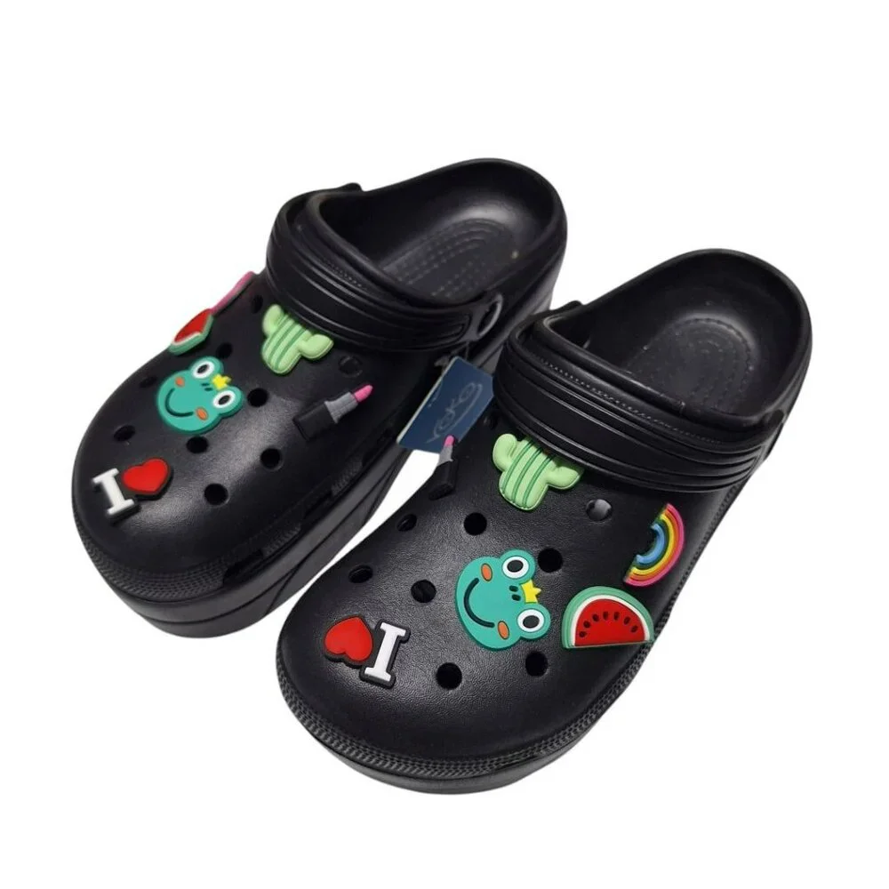 Voko Platform Rubber Clog Charms Embelished Black Basic Womens Size 38 Strap - Picture 3 of 11